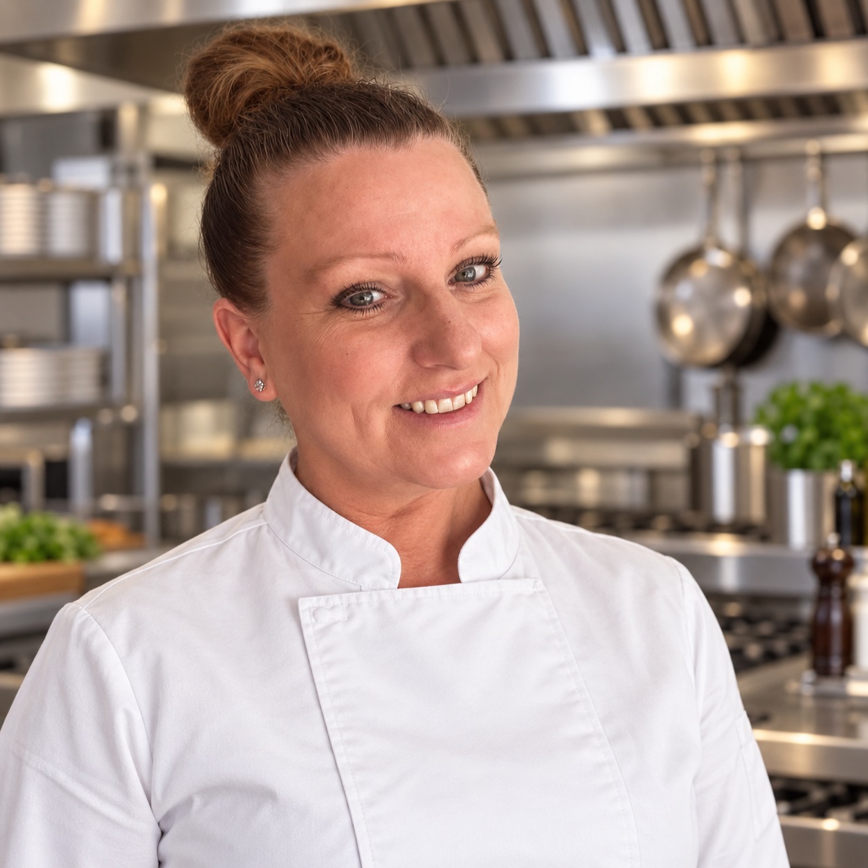 Carole Carlier, souriante en veste de cheffe blanche dans une cuisine professionnelle